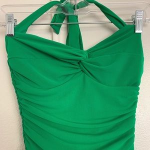Green Mini Dress - halter top, stretchy, ruching style